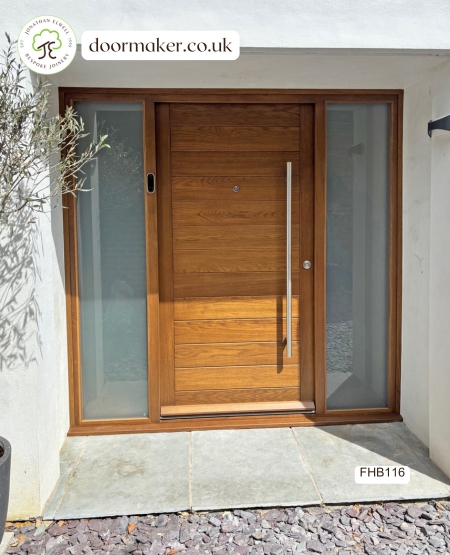 oak contemporary door and frame with sandblast sidelights