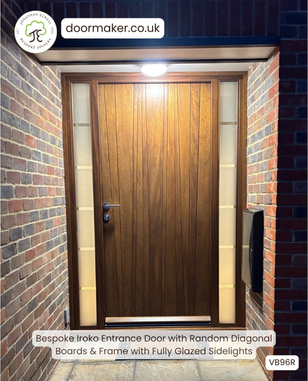 contemporary front door with random diagonal boards made from iroko
