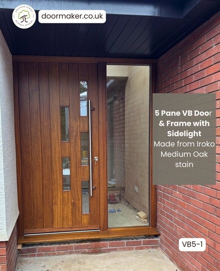 Contemporary 5 Pane Vertical Boarded Door and Frame with 
Fully Glazed Sidelight - Made from Iroko