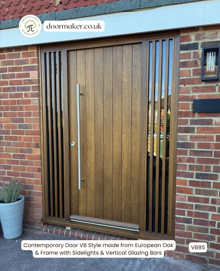 contemporary oak door with sidelights wooden slats - glazing bars