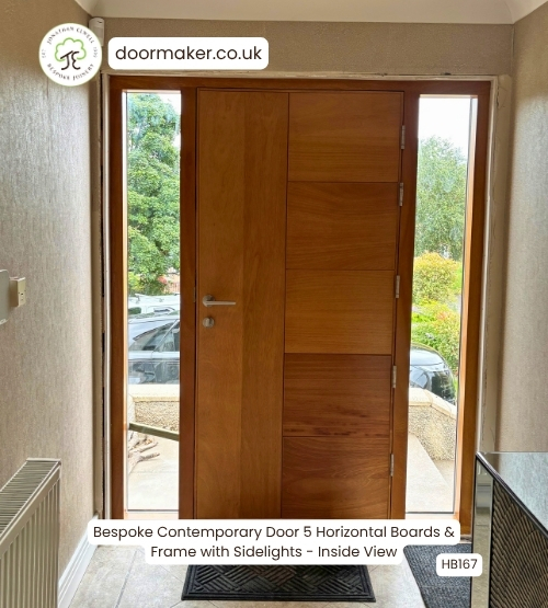 contemporary door with sidelights made from iroko hardwood
