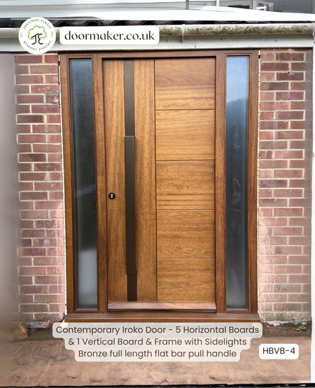 contemporary iroko door and sidelights long bronze handle