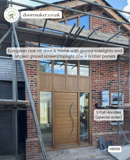 oak contemporary door and frame with sidelights and angled topscreen