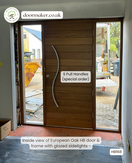 oak contemporary door and frame with sidelights and angled topscreen